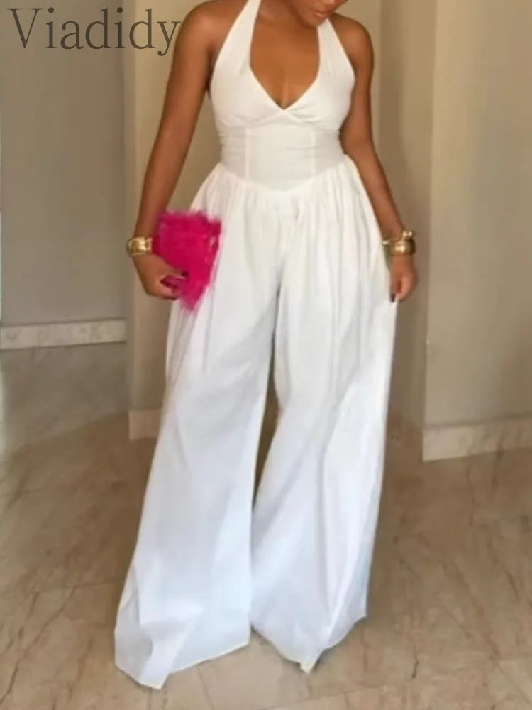Women's Sexy Solid Color Halter Backless Wide Leg Jumpsuits Casual Sleeveless Rompers