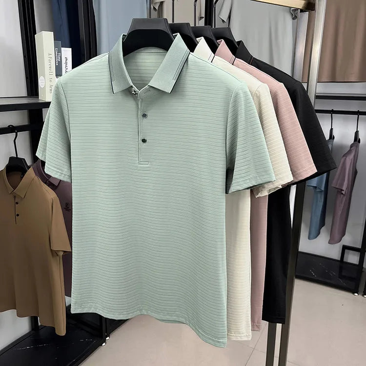 Men's Short-Sleeved T-Shirt, Subtle Striped Texture, Classic Collar Design With Button Details - Soft and Breathable Fabric Polo