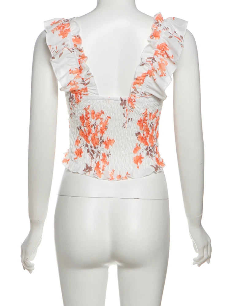 Vacation Thin Women Floral 2 Piece Set Elastic Ruffles Tank Tops + Peach Hip Skirts Matching Clubwear Romantic Outfits