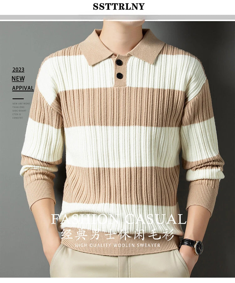 Men's Polo Shirt Luxury Pullover Sweater Fashion Thick Warm Sweater Striped Casual T-shirt, Male Top Loose Knitwear
