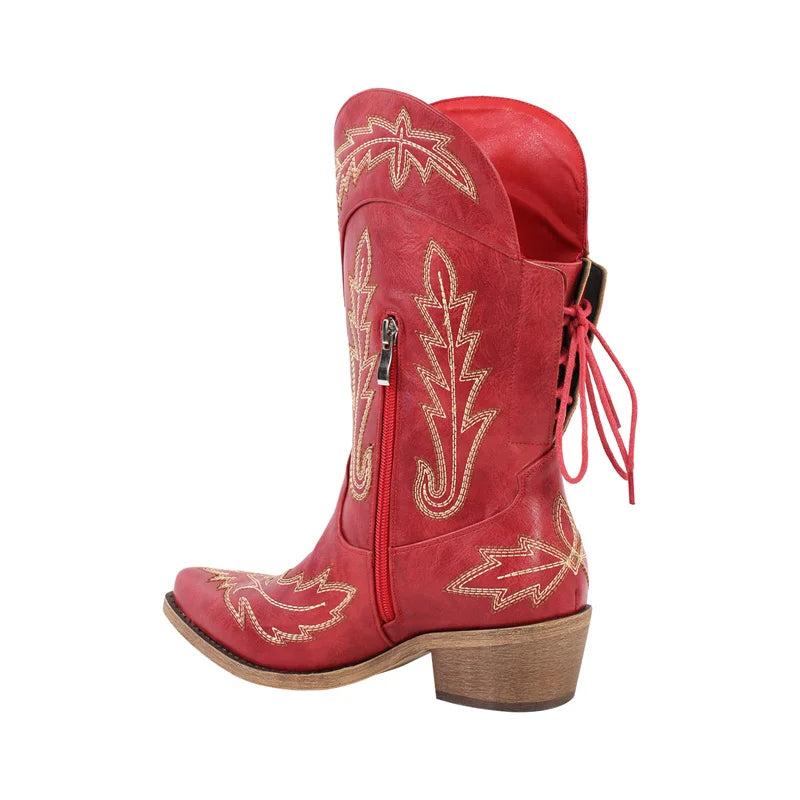 Women Pointed Toe Black Embroidery Western Boots Tapered Heel Round Up Mid-Calf Western Cowgirl Boots