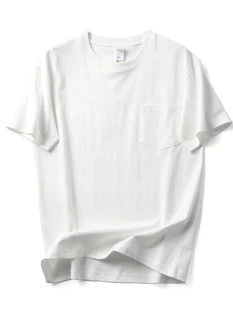 2025 Summer New Japanese Retro Short Sleeve O-neck Solid Color T-shirt Men's Heavyweight 100% Cotton Washed Casual Pocket Tops