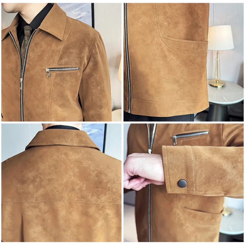 Men's Suede Casual Jacket, Lapel Fashionable Jacket, High-Grade Zipper Decorations, Business Casual Warm Male Coat
