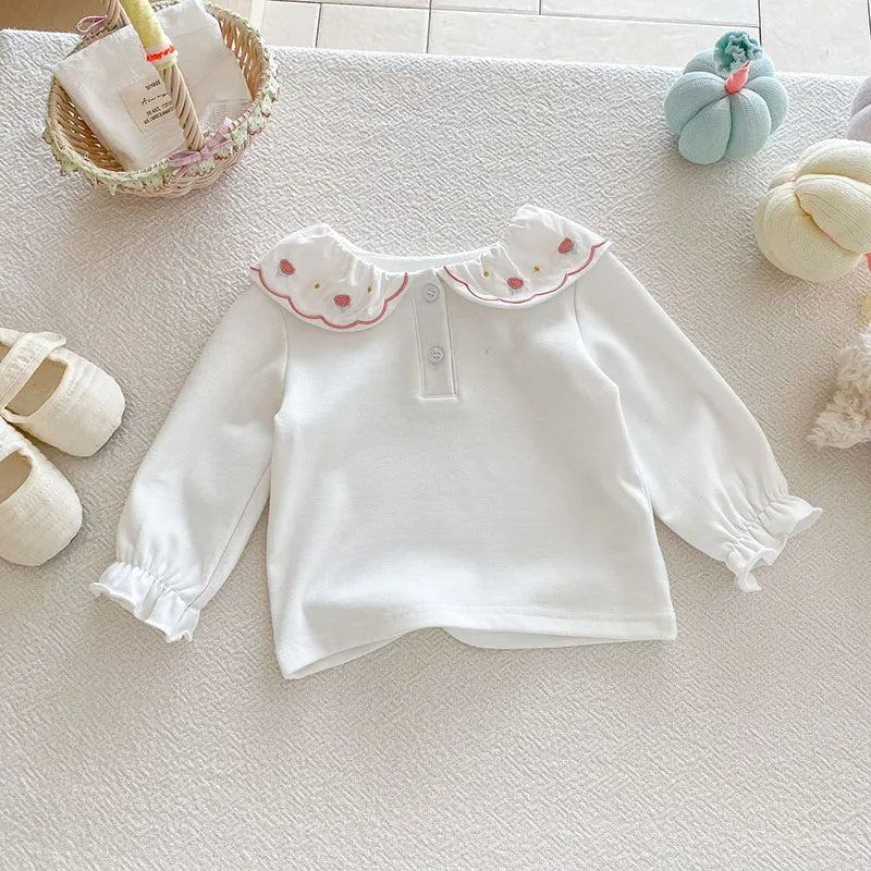 Herfst Baby Onderhemdjes Zoete Borduurwerk Bloem Strik Baby Meisjes Bottoming Shirt Peuter Dunne Kleding Tops 0-3T Meisjes