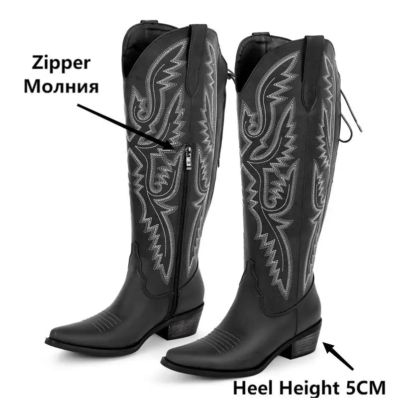 Women Pointed Toe Side Zipper Embroidered Western Cowboy Boots Block Heel Cowgirl Booties