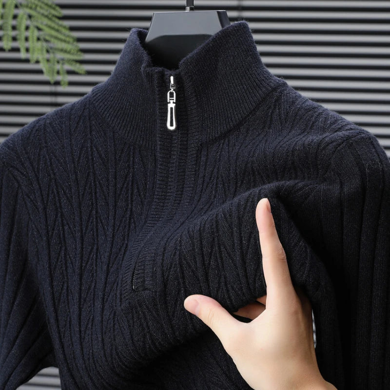 Men's High-Quality Semi-High-Neck, Business Casual Warm Sweater, Stretchy Striped Male Pullover Sizes M-4XL