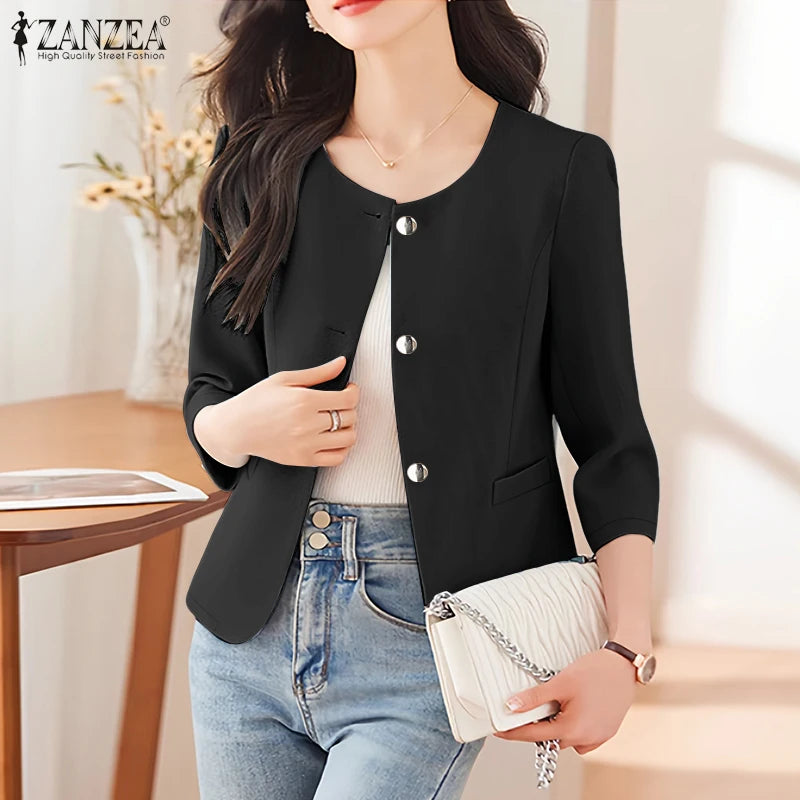Elegant Women Over Shirts 2025 Autumn Fashion Round Neck 3/4 Sleeve Button Up Chemises Femme Office Wear Solid Outerwear