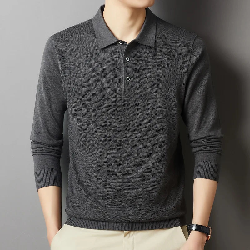 Men's High Quality Woollen Polo Shirt, Blend Fashionable Embroidered Long Sleeve Tee, Korean Style Casual Menswear