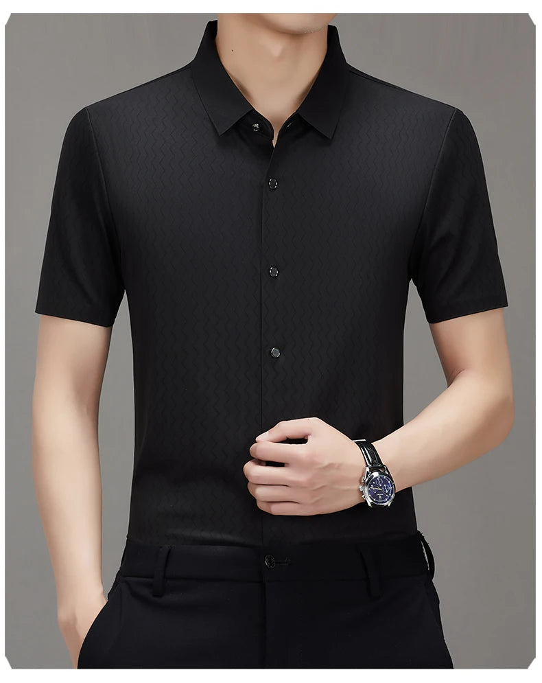 Men's Summer Lapel Shirt, Slim Fit Short-Sleeved, Fashion Dark Pattern Knitted Fabric Polo Shirt