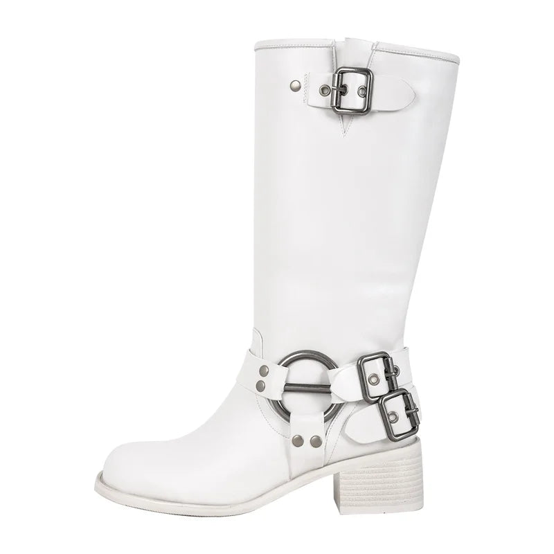 Women Gothic Black Round Toe Knee High Boots Heeled Metal Rivet Buckle Fashion 2023 Autumn Motorcycle Boots