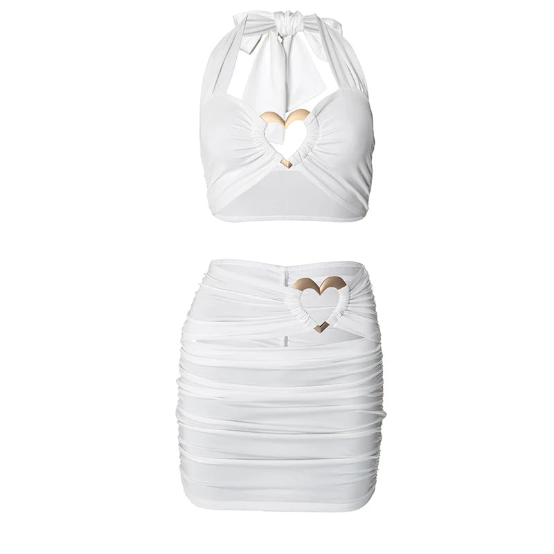 Love Rings Patchwork 2 Piece Set Cross Women Halter Crop Tops + Ruched Hollow Skirts Matching Hottie Street Trend Suits