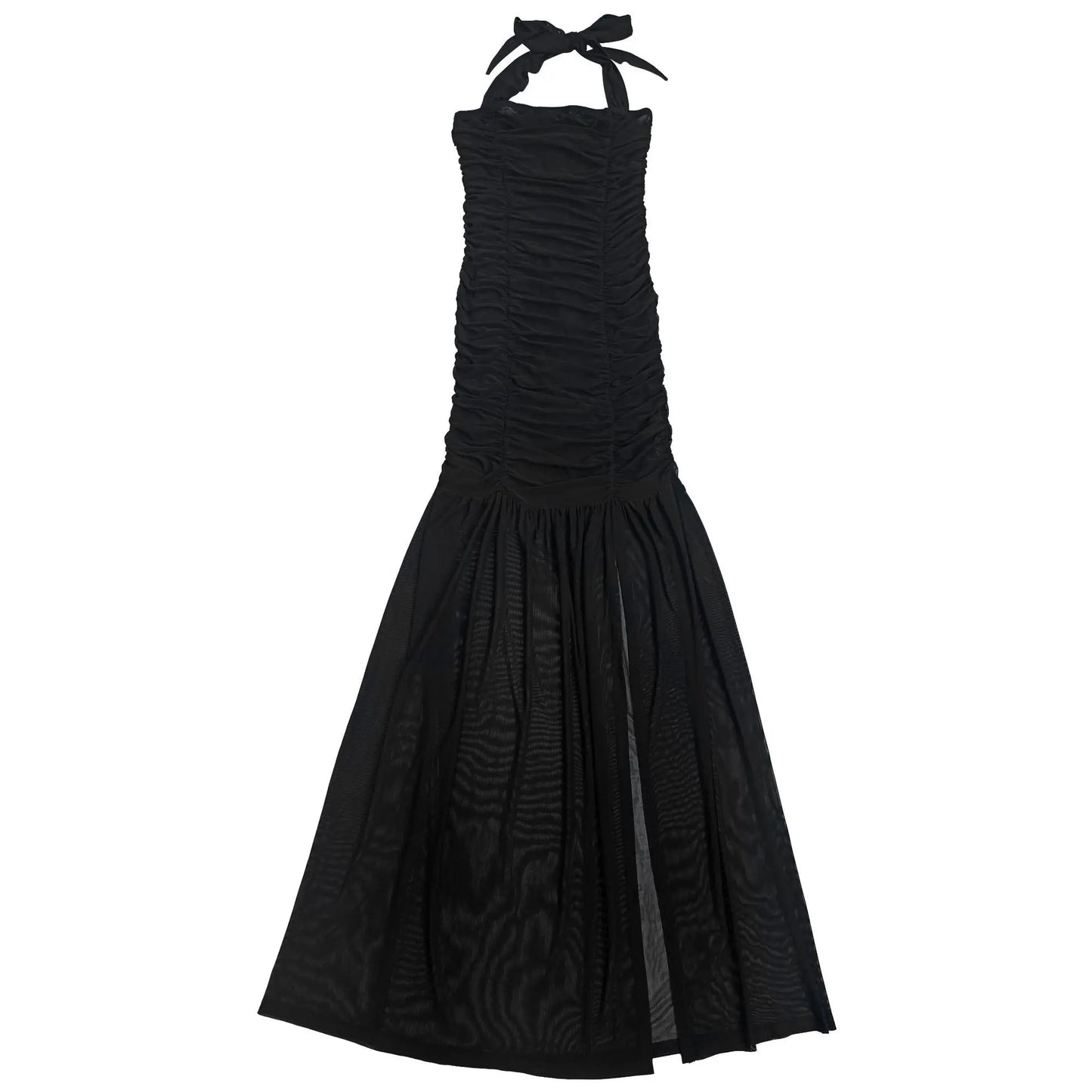 Women's Sexy Summer See Through Sheer Mesh Slit Solid Color Halter Dress Ruched Mermaid Pleated Mermaid Party Dress