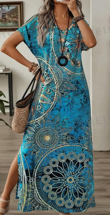 Women's Summer Vintage Floral Print V-Neck Batwing Sleeve Ladies' Casual Maxi Long Dresses