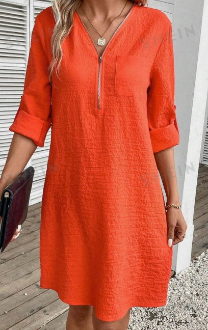 Women's Textured Zipper Half-Buttoned Dress With Patch Pockets For Ladies