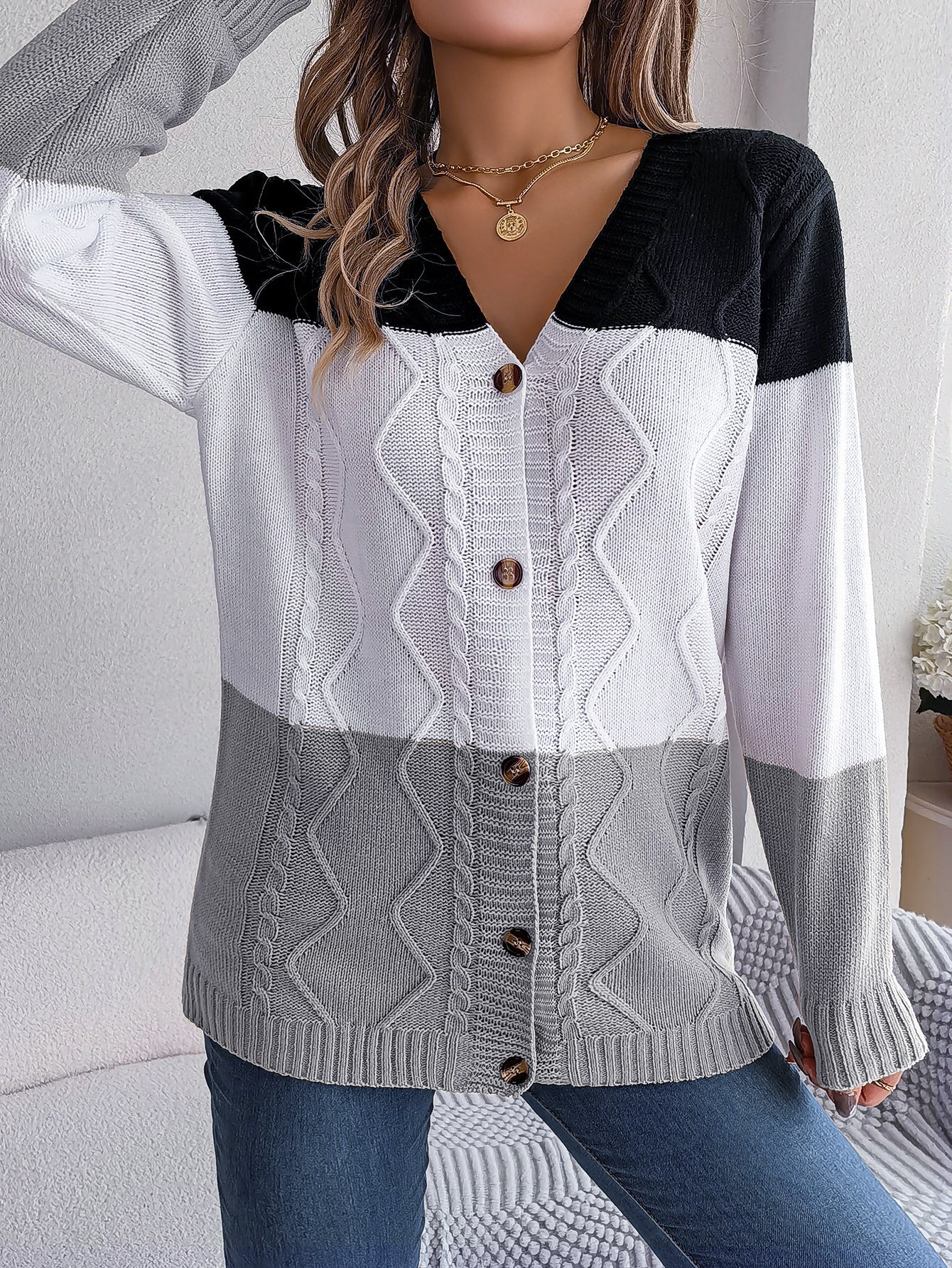 Women's Casual Contrast Colour Button Long Sleeve Sweater