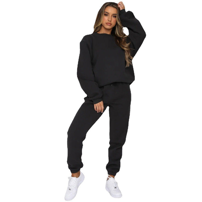 Solid Colour Round Neck Pullover, Long Pants And Long Sleeve Hoodie Set