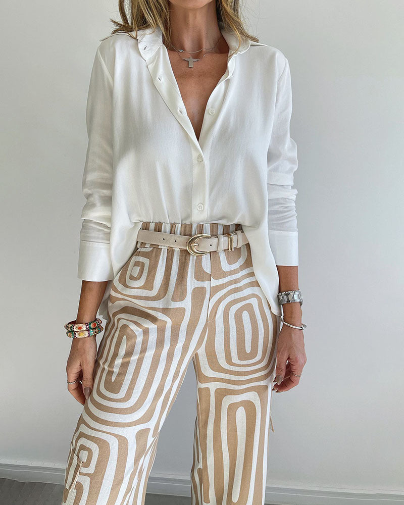 Women's Casual Long-Sleeved Lapel Shirt Printed Wide-Leg Pants Suit