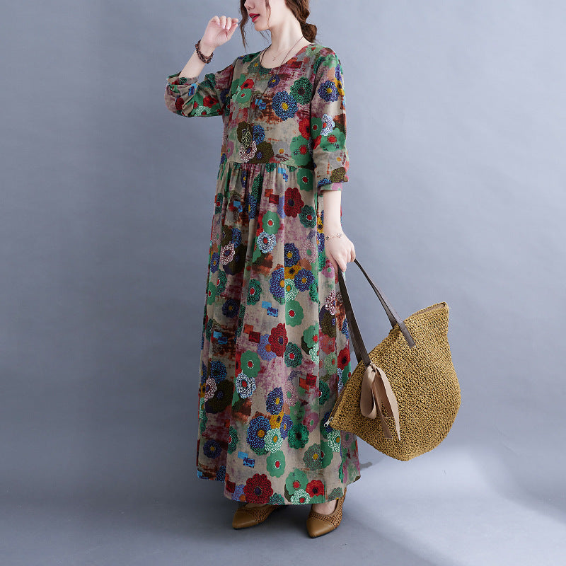 Literary Plus Size Printed Long Sleeve Dress For Women