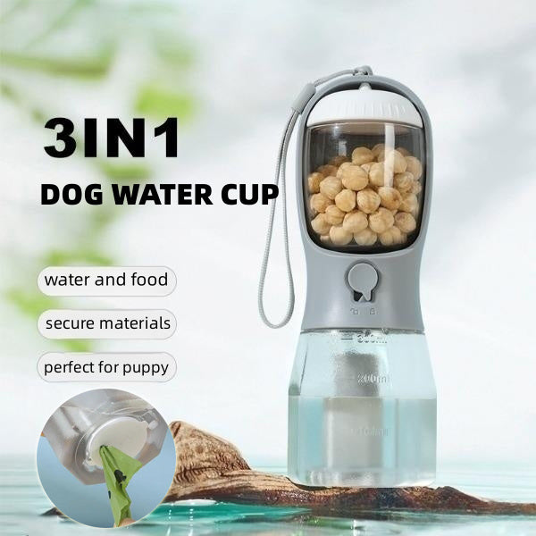 Three-In-One Portable Small Multi-functional Pet Water Bottle - With Water Drinking, Food, and Garbage Bag Compartments