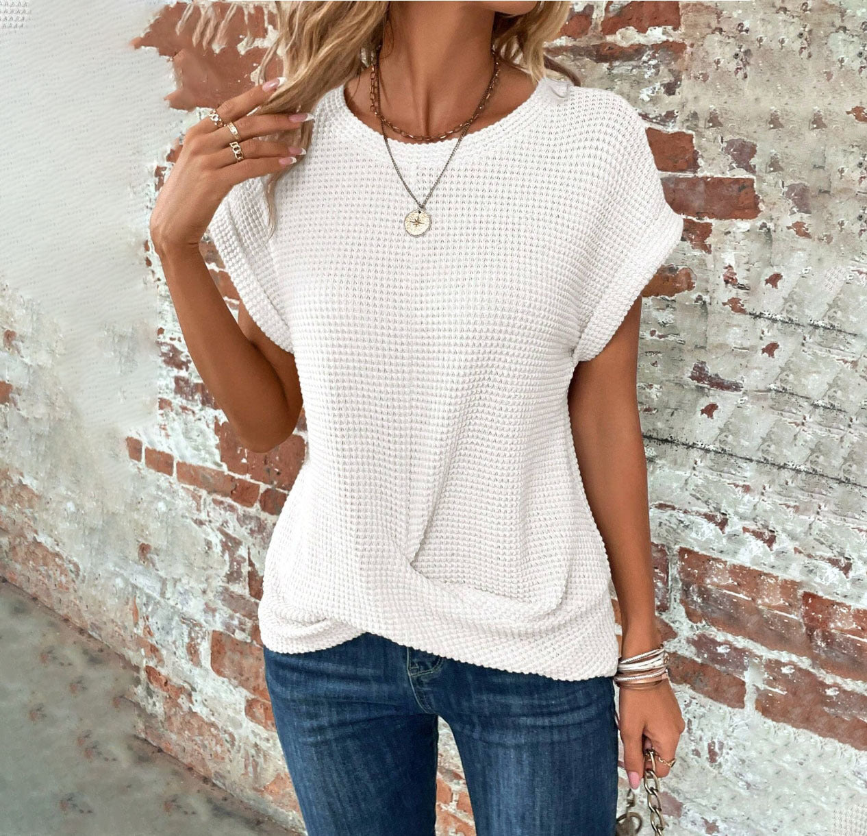 Women's Short-Sleeved Waffle Summer T-Shirt - Solid Colour Crew Neck Top