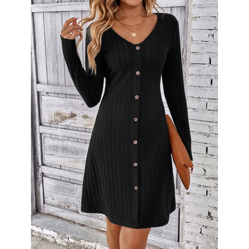 Women's Fashion Button Waist Long-Sleeve Dress