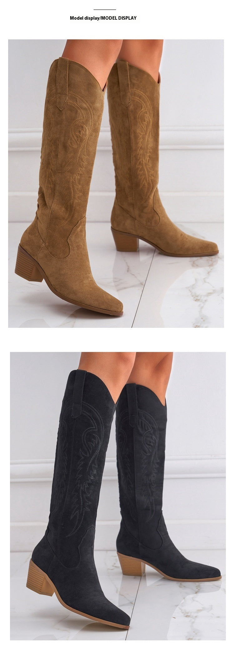 Women's Chunky Heel Knee-High Embroidery Slip-On Middle Boots