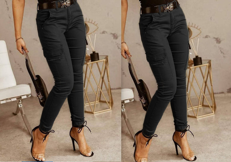 European And American Women's Trousers, Low-Waisted Buttons, Solid Colour Pockets