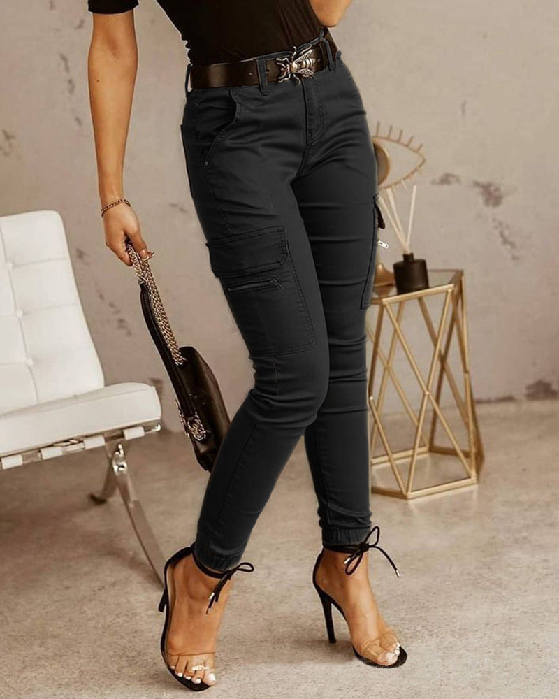 European And American Women's Trousers, Low-Waisted Buttons, Solid Colour Pockets