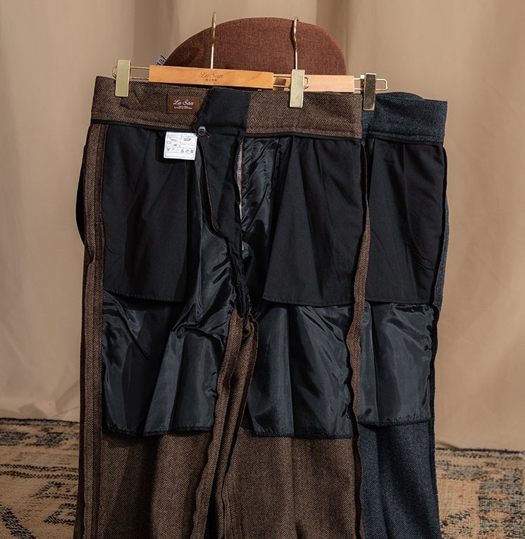 Herringbone Pattern Auger Casual British Tweed High Waist Trousers - Straight-Leg Warm Pants