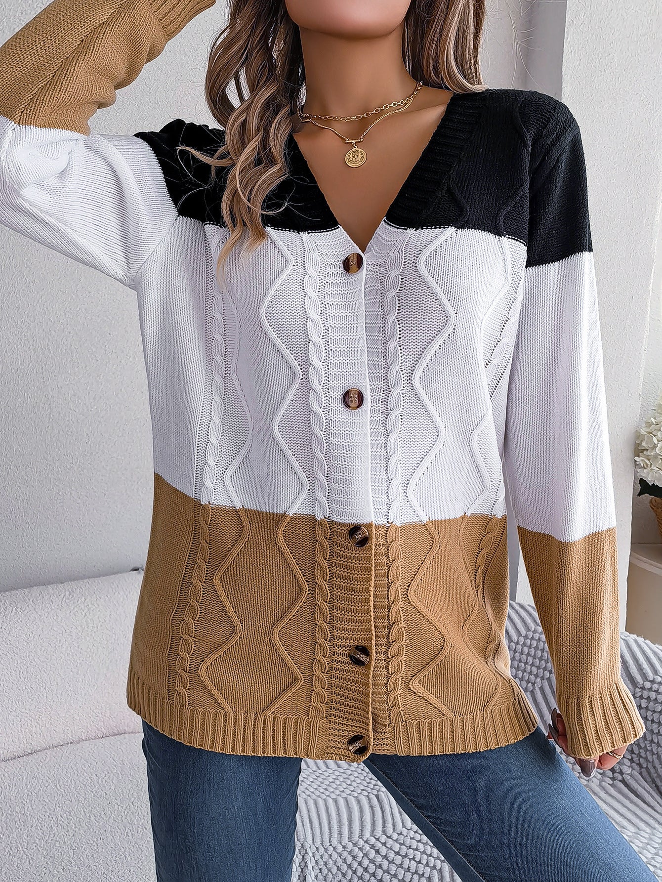 Women's Casual Contrast Colour Button Long Sleeve Sweater