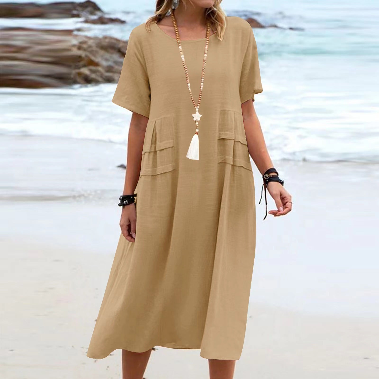 Women's Summer Loose Casual Mid Breathable Dress, Cotton Linen Short-Sleeve & Mid-Length Simple Beach Dress