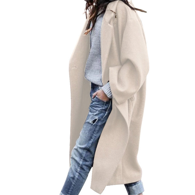 Women's Casual Long Warm Jacket With Pockets - Solid Colour Single Breasted Lapel Woollen Coat For Winter