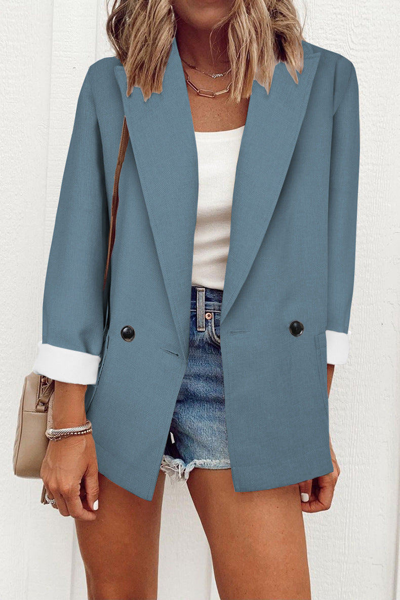 Women's Casual Solid Colour Suit With Collar - Long Sleeve Loose Coat