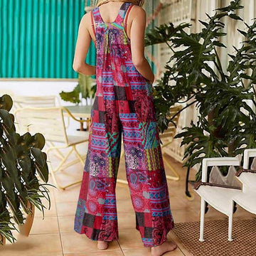 Women's Ethnic Style Suspender Button Printing Jumpsuit