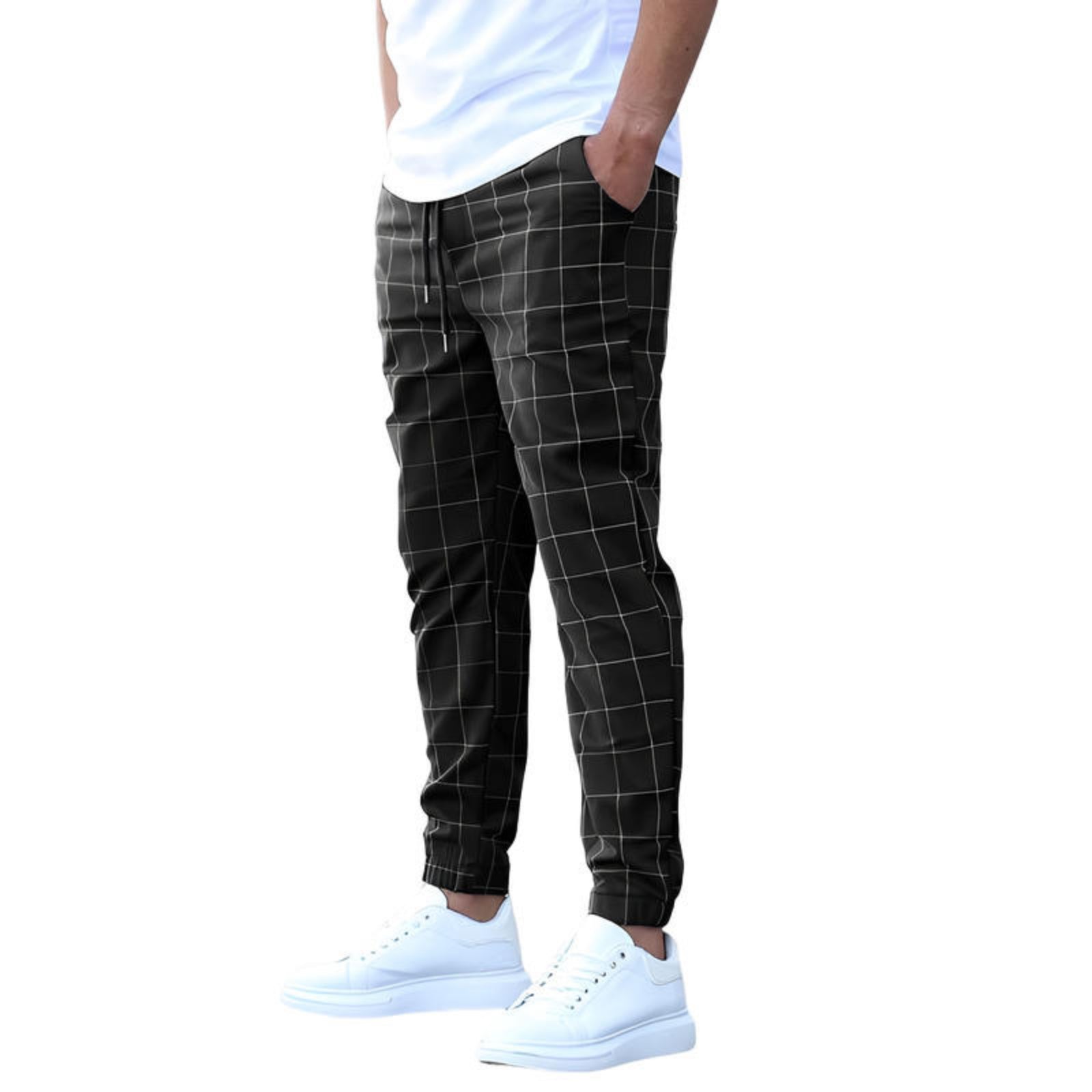 Men's Casual Drawstring Trousers - Plaid Print Pants