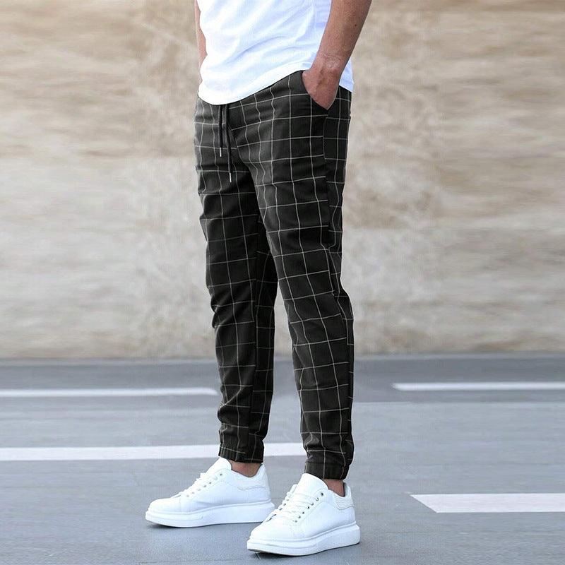 Men's Casual Drawstring Trousers - Plaid Print Pants