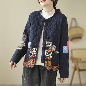Vintage Patch Cardigan Loose Casual Buckle Rhombus Cotton-Padded Jacket