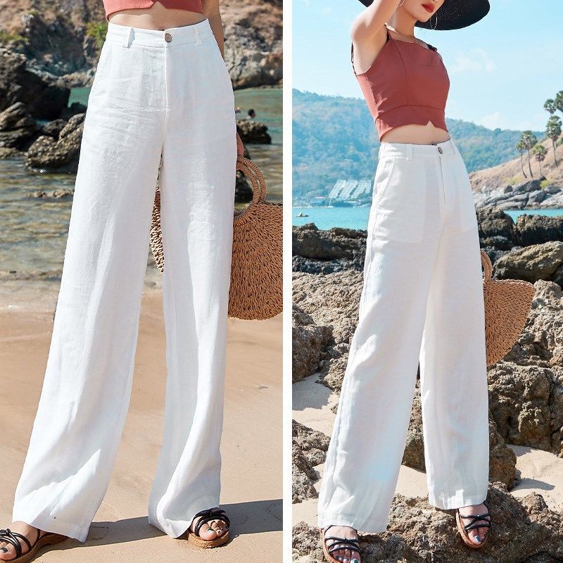 Women's Drape High-Waist Straight Long Pants With Loose Thin Cotton and Linen