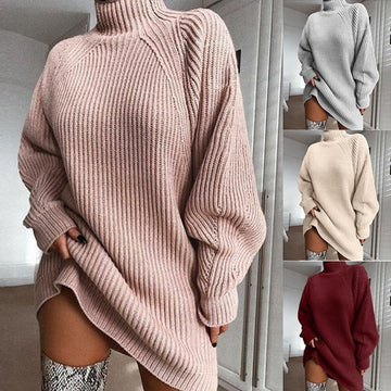 Women's Solid Warm Turtleneck Long Sweater Dress For Winter