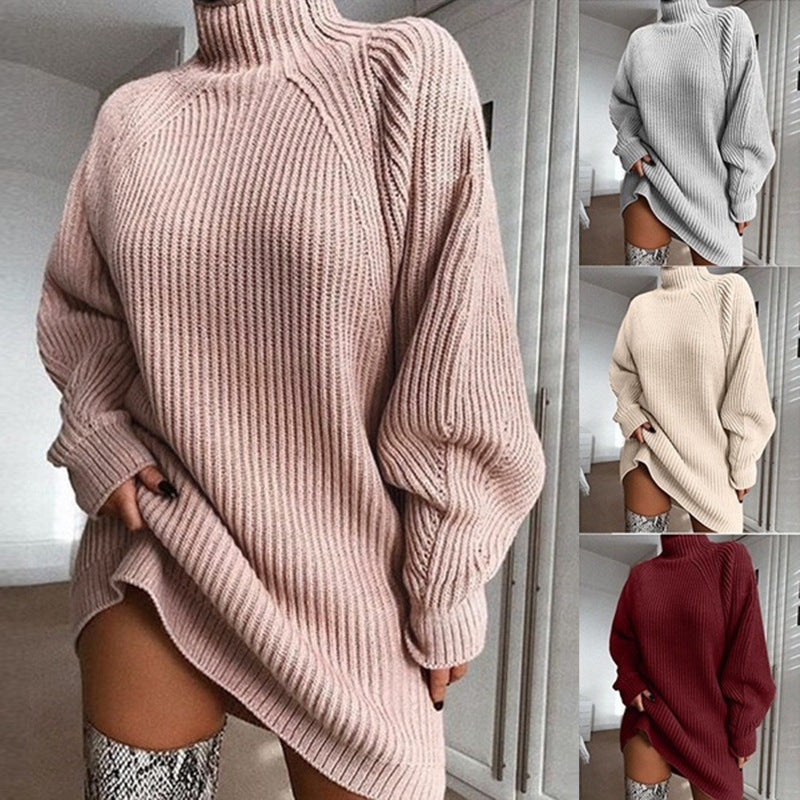 Women's Solid Warm Turtleneck Long Sweater Dress For Winter