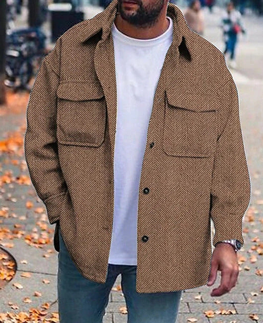 Men's Warm Winter Polo Coat With Collar - Fashion Work Tops