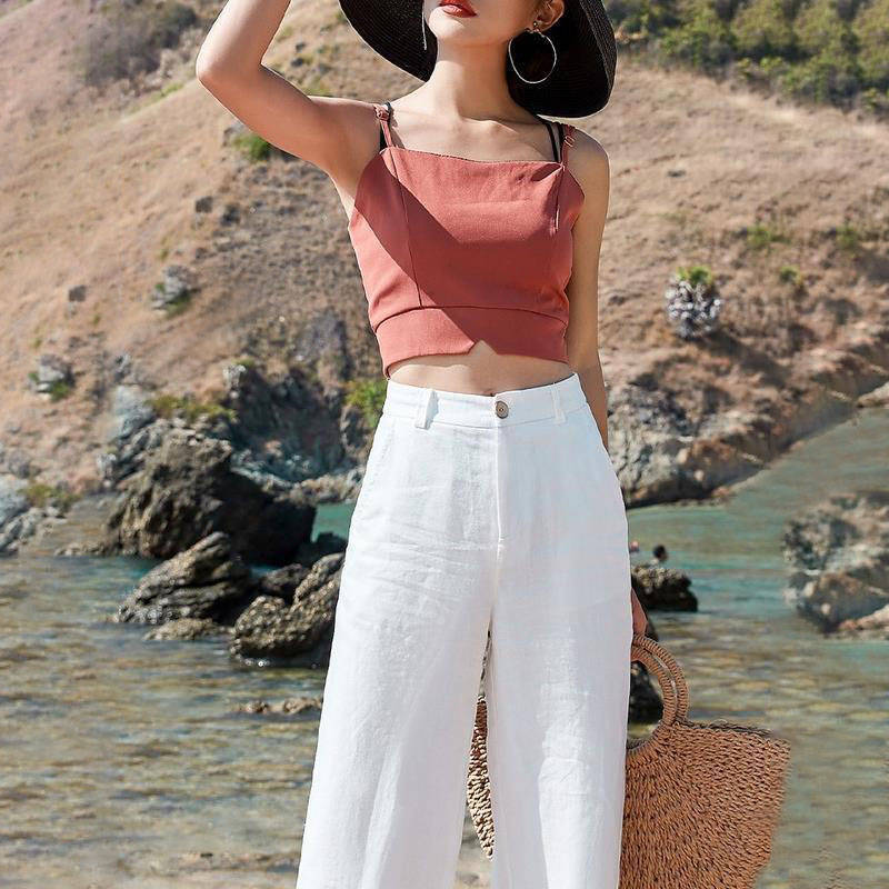 Women's Drape High-Waist Straight Long Pants With Loose Thin Cotton and Linen