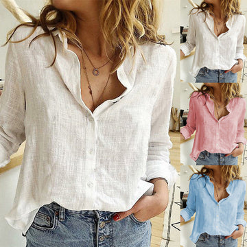 Women's Lapel Long-Sleeve Shirt - Solid Colour Button Top For Ladies