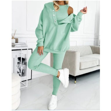 Women's Solid Colour Vest Hoodie And Pants Set