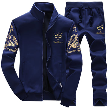 Men's 2 Piece Casual Zipper Tracksuit Sets For Autumn And Spring - Slim Fit Sportswear, Printed Jacket & Pant