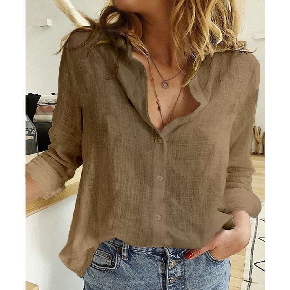 Women's Lapel Long-Sleeve Shirt - Solid Colour Button Top For Ladies