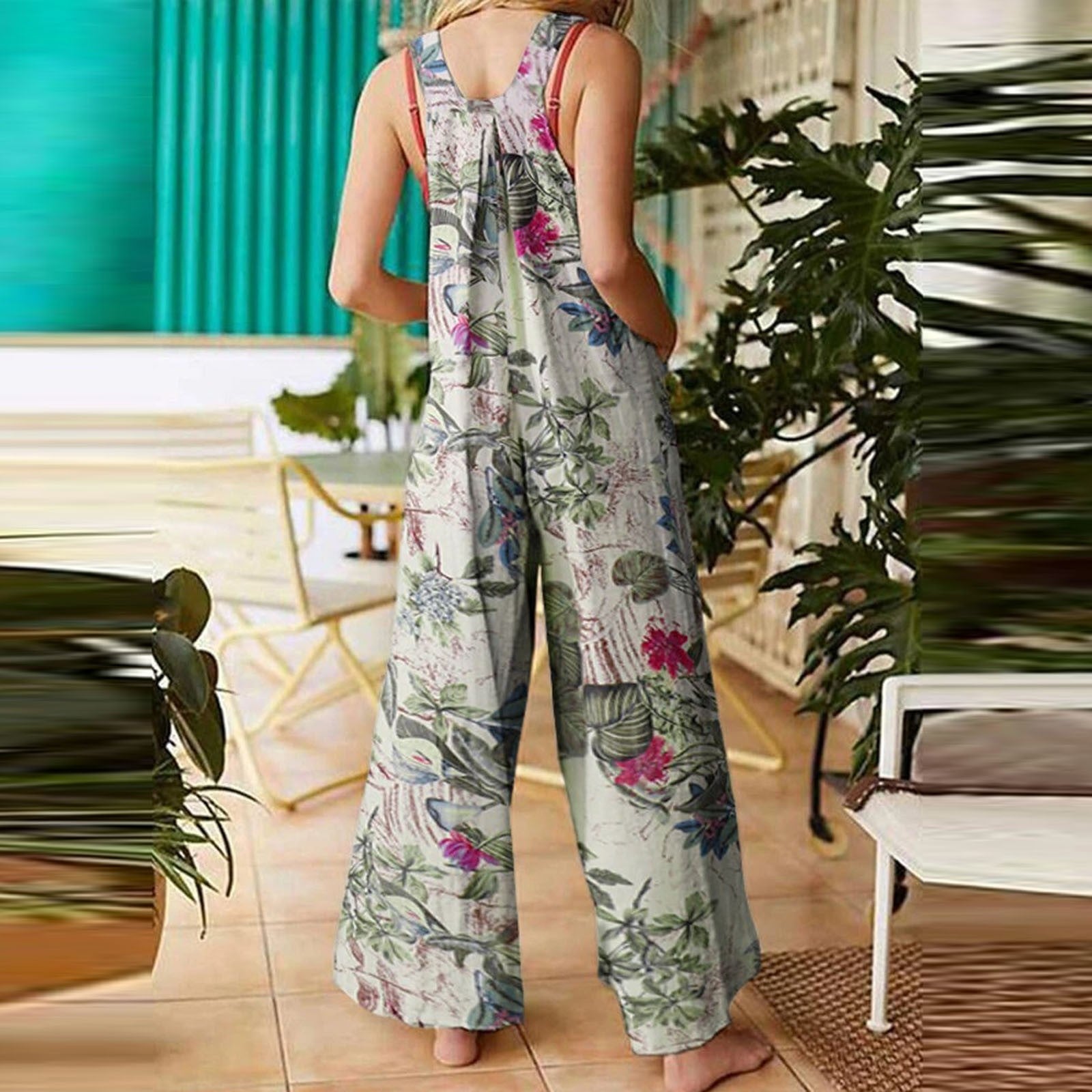Patchwork Printed Button Suspender Jumpsuit For Women