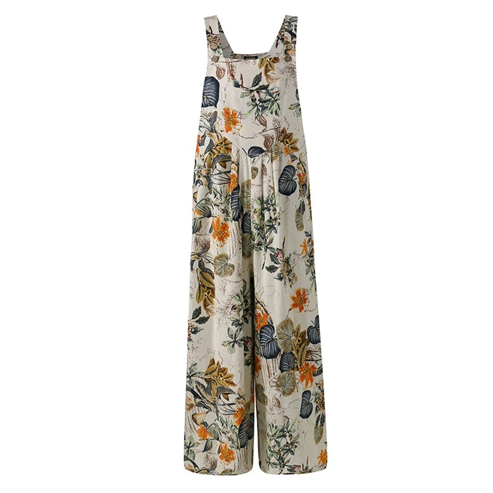 Patchwork Printed Button Suspender Jumpsuit For Women