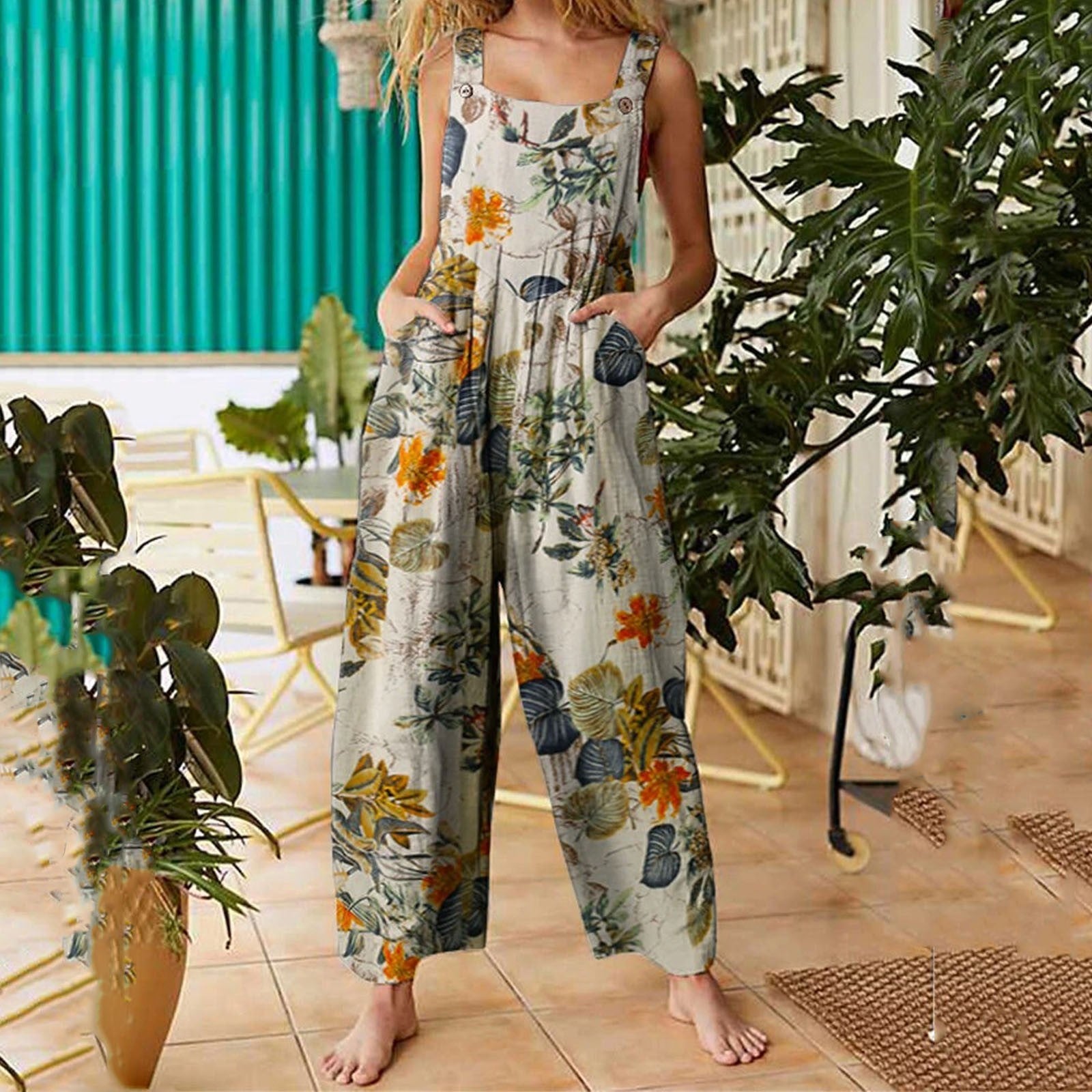 Patchwork Printed Button Suspender Jumpsuit For Women