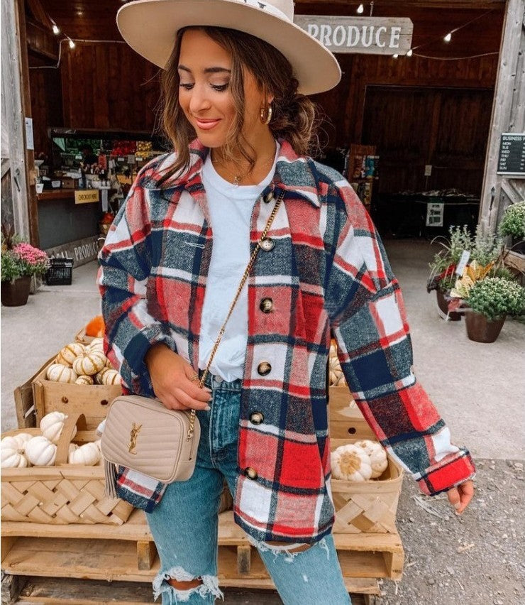Women's Autumn And Winter Long-Sleeved Loose Plaid Shirt Jacket